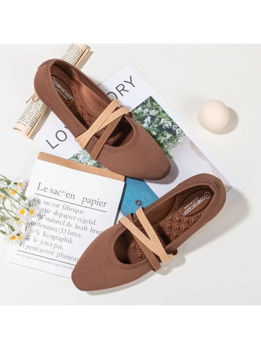 Women's Brown Knit Square Toe Ballet Flats Mary Jane Slip On Causal Shoes